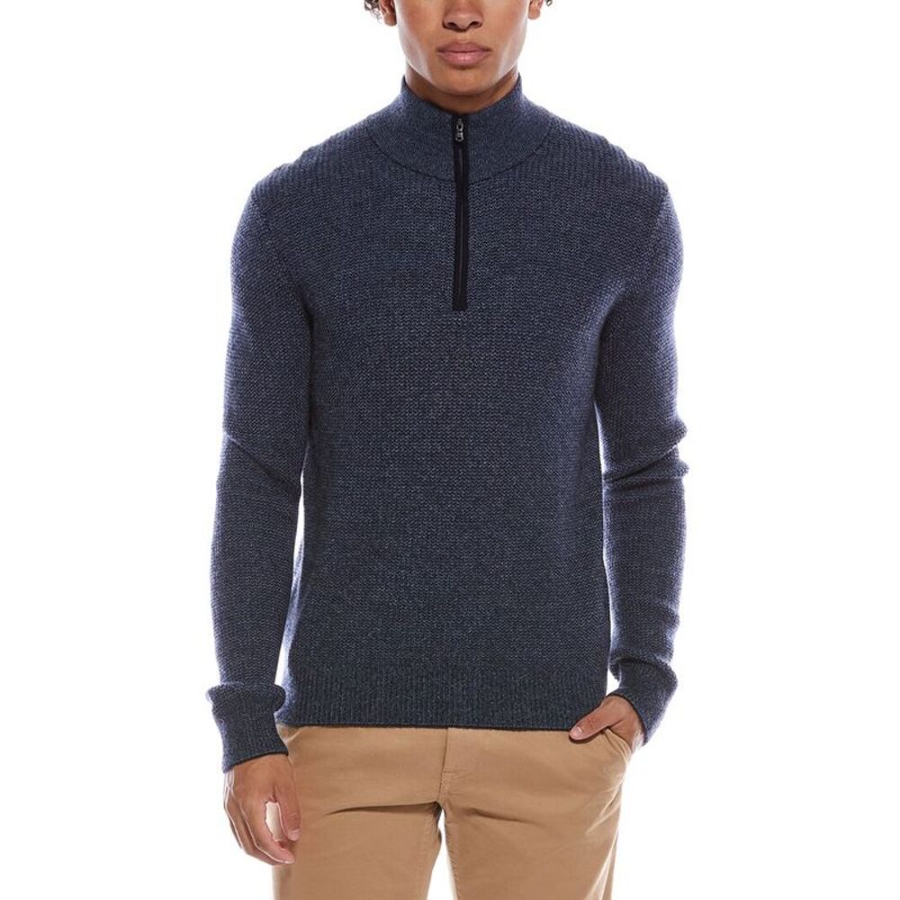 Amicale Cashmere Mens  Feeder Pique Zip Cashmere Sweater, Gray
